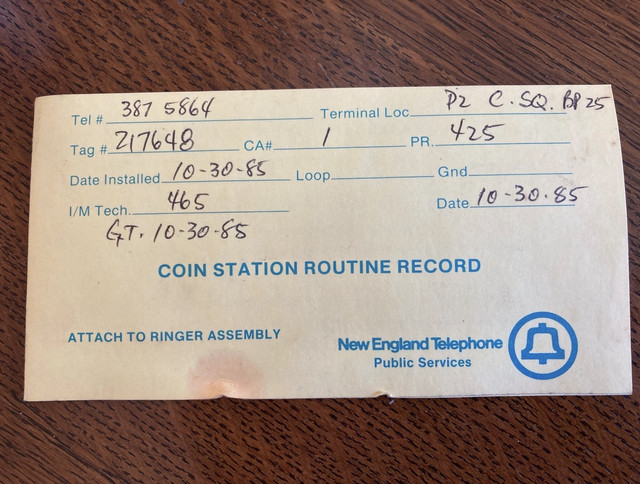 coin station service record, 1985-10-30